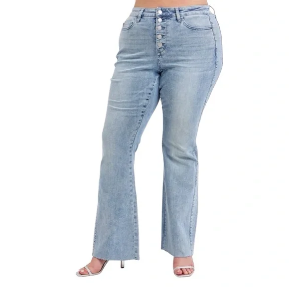Judy Blue Full Size Mid Rise Rhinestone Side Panel Detail Flare Jeans Plus Size - Picture 5 of 15